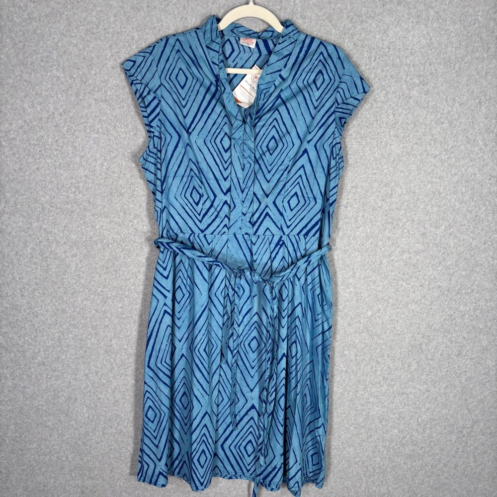 NEW Global Mamas Midi Dress XL Blue Ikat Batik Cotton Handmade Ghana Wrap Belt